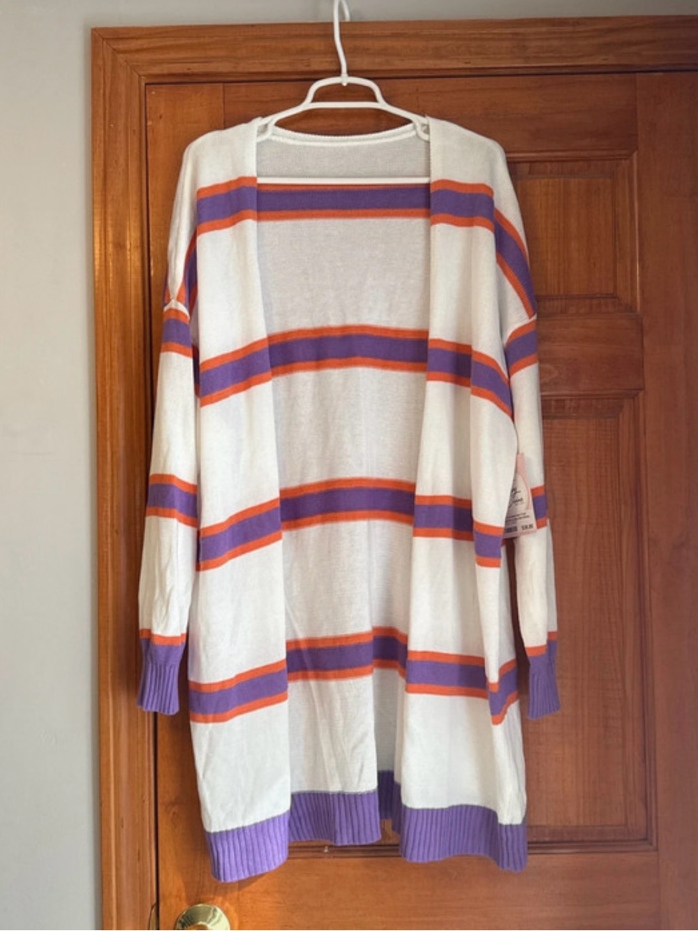 Open-Front White Cardigan with Purple and Orange Stripes